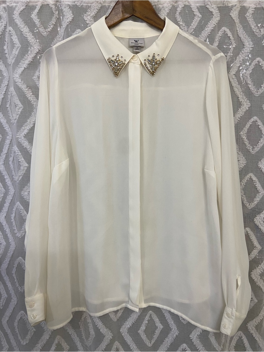 Worthington Cream Button-Front Women's Blouse With Rhinestone Embellishments